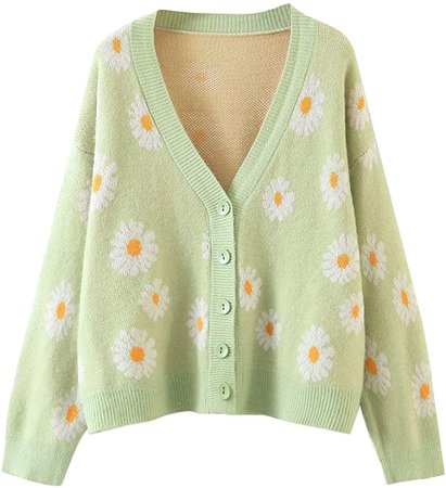 Women's Y2K Floral Print Sweater V Neck Long Sleeve Cardigan Sweater Open Front Button Down Sweet Coat Tops (Light Green, One Size) at Amazon Women’s Clothing store