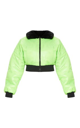 Share    LIME FAUX FUR COLLAR CROPPED PUFFER