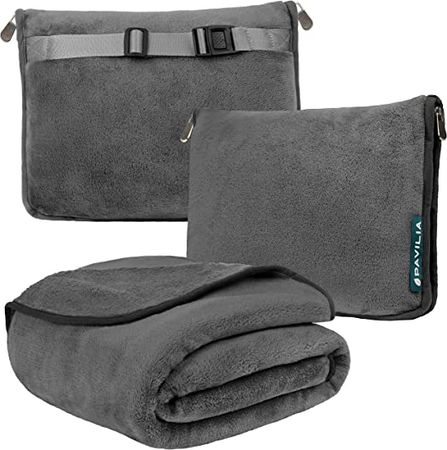 Amazon.com: PAVILIA Travel Blanket and Pillow, Dual Zippers, Clip On Strap, Warm Soft Fleece 2-in-1 Combo Blanket Airplane, Camping, Car, Large Compact Blanket Set, Luggage Backpack Strap, 60 x 43 (charcoal grey) : Home & Kitchen
