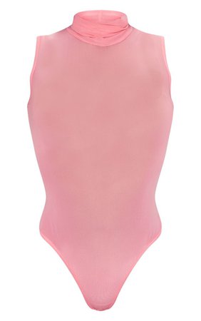 Neon Pink Mesh High Neck Sleeveless Bodysuit | PrettyLittleThing