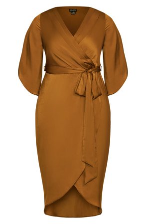 City Chic Opulent Satin Faux Wrap Dress (Plus Size) brown