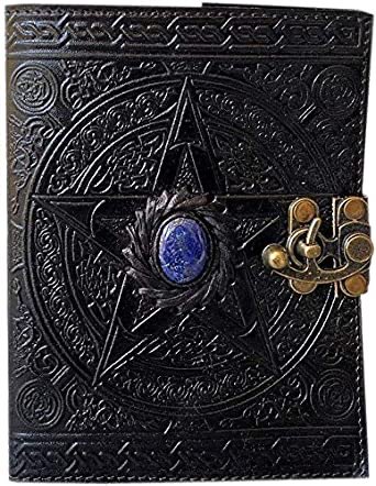 Wiccan leather journal black pentagram embossed blank spell book of shadows pentacle witchcraft handmade third eye stone leather journal with clasp lock grimoire pagan celtic unlined notebook 7x5 inch