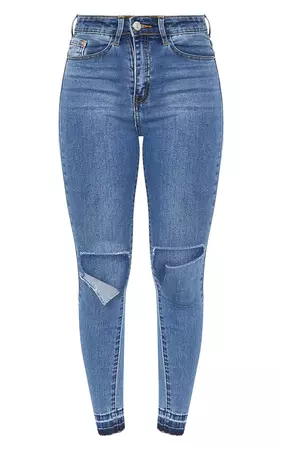 Mid Wash Open Knee Rip Drop Hem Skinny Jean | Shop Jeans | PrettyLittleThing USA