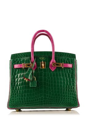 Rare & Unique Hermès Bicolor Special Order 25cm Vert Emerald and Rose Sheherazade Shiny Nilo Crocodile Birkin