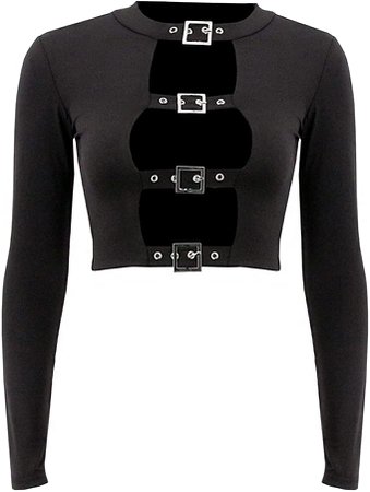jascaela Women Sexy Hollow Out Long Sleeve T Shirts Cutout Crop Tops with Buckle Front for Rave Dance Party Festival Tops(Small) : Clothing, Shoes & Jewelry