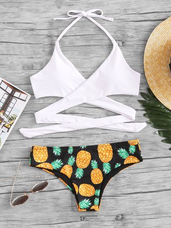 Pineapple Print Wrap Bikini Set