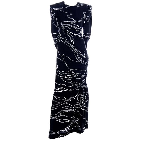 Bill Blass Vintage Dress Abstract Black White Evening Gown Draping For Sale at 1stDibs | abstract gown, black and white evening gown, black and white gown