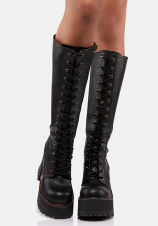 Delia's Knee High Chunky Platform Boots With Brown Stitching - Black – Dolls Kill