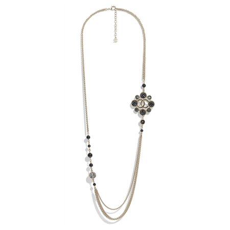 Metal, Glass Pearls, Strass & Resin Gold, Black & Crystal Long Necklace | CHANEL