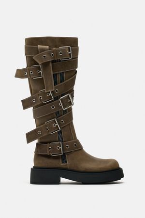 BUCKLED LEATHER KNEE HIGH BOOTS - Brown | ZARA United States