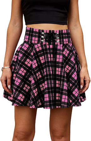 BRUBOBO Womens Plaid Mini Skirts Gothic High Waist Skater Cosplay A Line Skirt (X-Large, Purple) at Amazon Women’s Clothing store