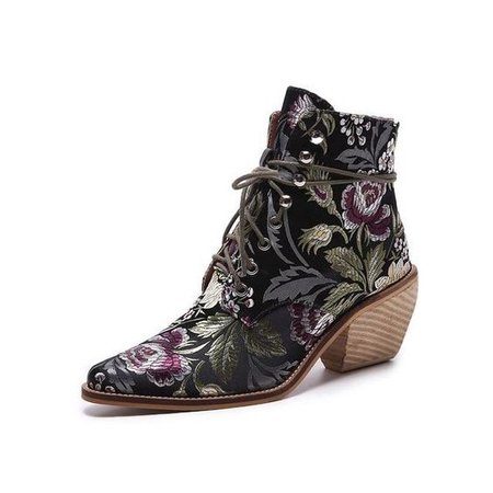 Limited Edition Designer Vintage Flower Lace up Ankle Boots - Black