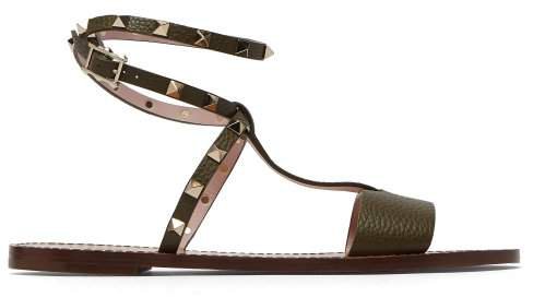 Rockstud Ankle Strap Leather Sandals - Womens - Khaki