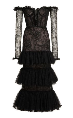 Tiered Chantilly Lace Midi Dress By Giambattista Valli | Moda Operandi