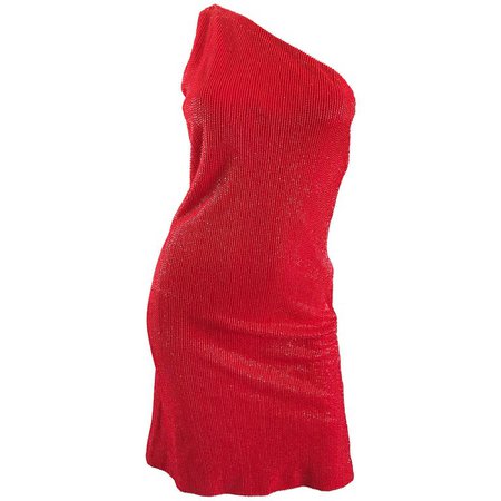 1990s Tuleh Lipstick Red Silk Fully Beaded Size 8 One Shoulder Vintage 90s Dress For Sale at 1stdibs