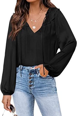 Kalssior Womens V Neck Long Lantern Sleeve Shirts Chiffon Oversized Sexy Blouse Drawstring Pleated Summer Tops at Amazon Women’s Clothing store
