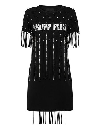 Philipp Plein Short Moana Fringe T-shirt Dress in Black
