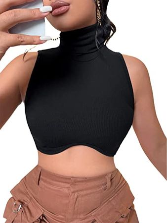 SheIn Women's High Neck Tank Crop Top Turtleneck Sleeveless Asymmetrical Ribbed Knit Cropped Cami Tank Tops at Amazon Women’s Clothing store