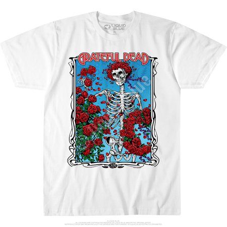 Grateful Dead Bertha Wheel & Roses White Athletic T-Shirt Tee Liquid Blue