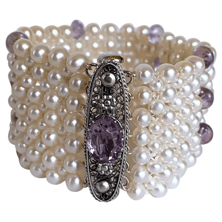 1940 Marina J. Amethyst and Pearl Bracelet with Vintage Centerpiece Clasp and Rhodium