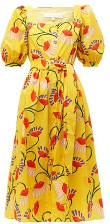 Corin Lip & Floral Print Cotton Poplin Midi Dress - Womens - Yellow Multi