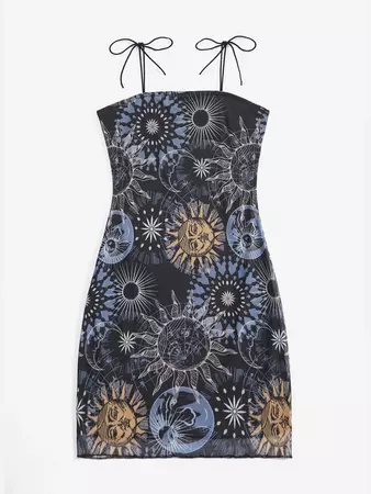 Sun & Moon Graphic Tie Shoulder Dress | ROMWE
