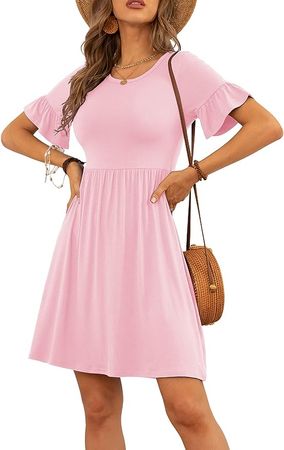 VIISHOW Women's Short Sleeve Casual Dresses Elastic Loose Comfy Swing Sundress, Pink,Small(US 2-4) at Amazon Women’s Clothing store