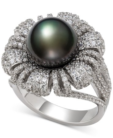 Belle de Mer Sterling Silver Cultured Black Tahitian Pearl & Cubic Zirconia Flower Statement Ring