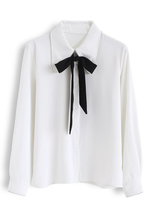 Crystal Edge Bowknot Button Down Shirt in White - NEW ARRIVALS - Retro, Indie and Unique Fashion