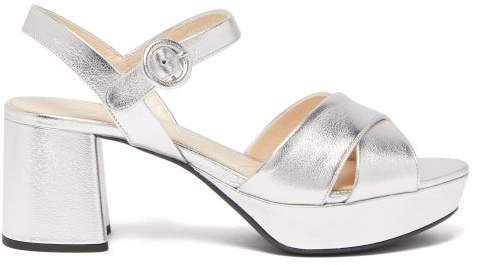 Silver Tone Leather Platform Sandals - Womens - Silver