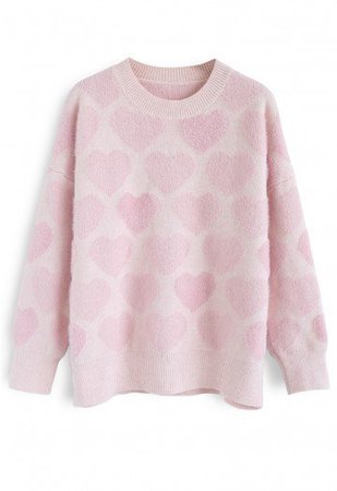 Chicwish Fuzzy Heart Knit Sweater in Pink