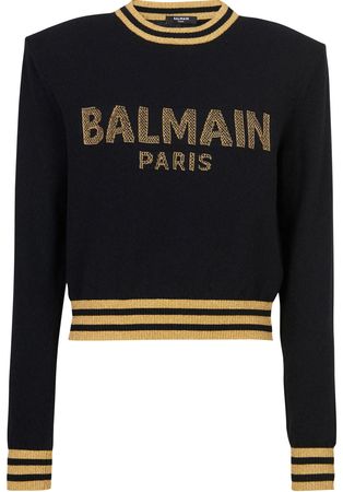Balmain - Cropped wool sweatshirt with gold Balmain logo - Black.jpg