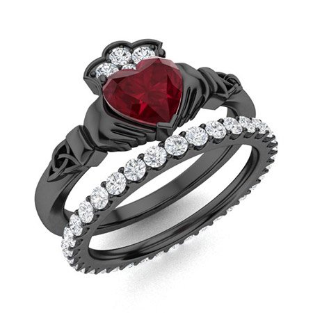 Ovemia Ring with Heart Ruby, VS Diamond | 1.07 carats Heart Ruby Sidestone Ring in 18K Black Gold | Diamondere