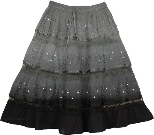 Grey Black Ombre Cotton Skirt | Short-Skirts | Grey | Embroidered, Tiered-Skirt