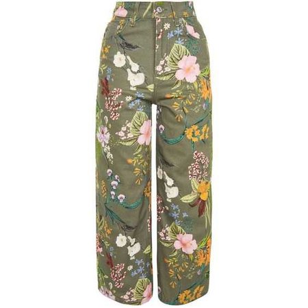 Topshop Moto Khaki Tropical Floral Jeans (3.395 RUB) ❤ liked on Polyvore featuring jeans, bottoms, khaki green jeans, high rise jeans, green high waisted jeans, flower print jeans and floral jeans