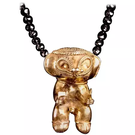 Black Diamond Necklace with Tairona Precolumbian Shaman Gold Pendant For Sale at 1stDibs | tairona jewelry