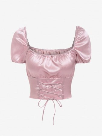 [56% OFF] 2022 Lace Up Cropped Satin Blouse In LIGHT PINK | ZAFUL