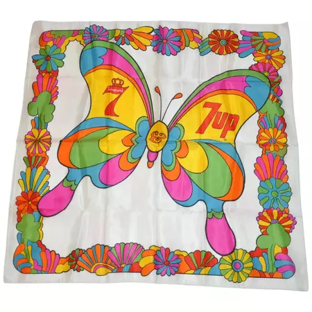 70s Iconic Vivid "Mod Butterfly" by Peter Max for Seagram's and 7Up Acetate Scarf For Sale at 1stDibs | peter max silk scarf, peter max scarf, peter max butterfly