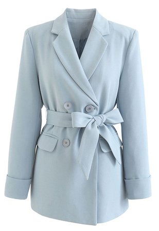 Self-Tied Bowknot Double-Breasted Blazer in Baby Blue - Retro, Indie and Unique Fashion