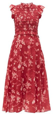 Monet Shirred Floral Print Cotton Midi Dress - Womens - Dark Pink