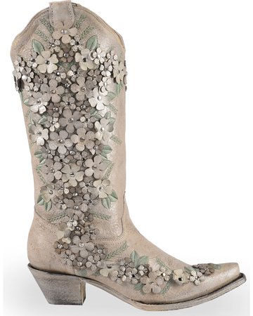 Corral Women's White Floral Overlay Embroidered Stud and Crystals Cowgirl Boots - Snip Toe | Boot Barn