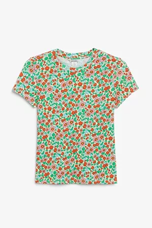 Floral ribbed t-shirt - Dusty yellow floral pattern - Monki WW