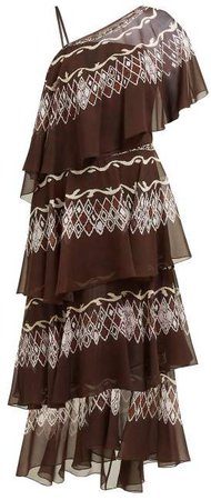 Tiered Diamond Print Silk Gown - Womens - Brown Multi