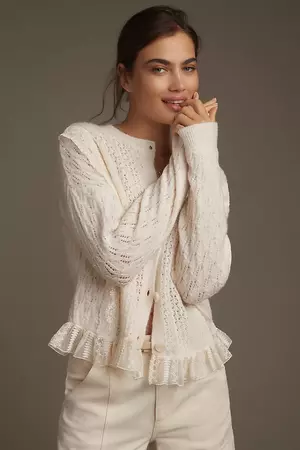 By Anthropologie Pointelle Ruffled Cardigan Sweater | Anthropologie