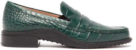 Gommini Crocodile Effect Leather Loafers - Womens - Dark Green