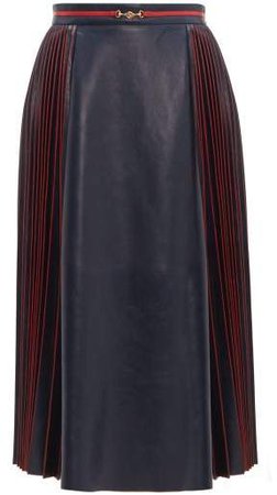 Pleated Leather Midi Skirt - Womens - Navy Multi