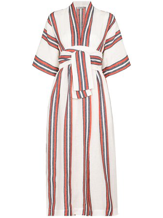 White & blue Three Graces stripe print linen midi dress TGLDR7038 - Farfetch