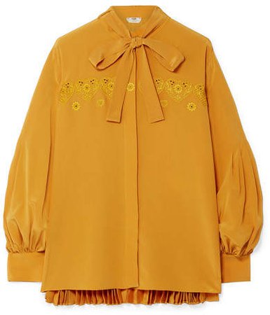 Pussy-bow Embroidered Pleated Silk Crepe De Chine Blouse - Saffron