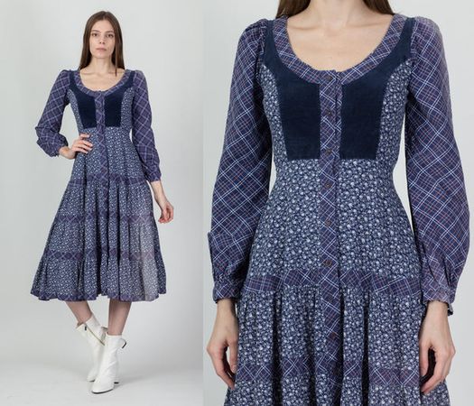 70s Gunne Sax Faded Blue Calico Prairie Dress, As Is - Extra Small – Flying Apple Vintage