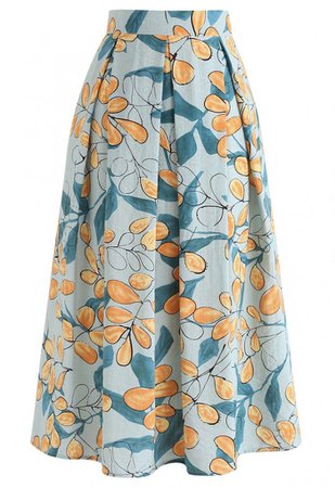 Rosehip Pattern Pleated Midi Skirt in Pea Green - Skirt - BOTTOMS - Retro, Indie and Unique Fashion
